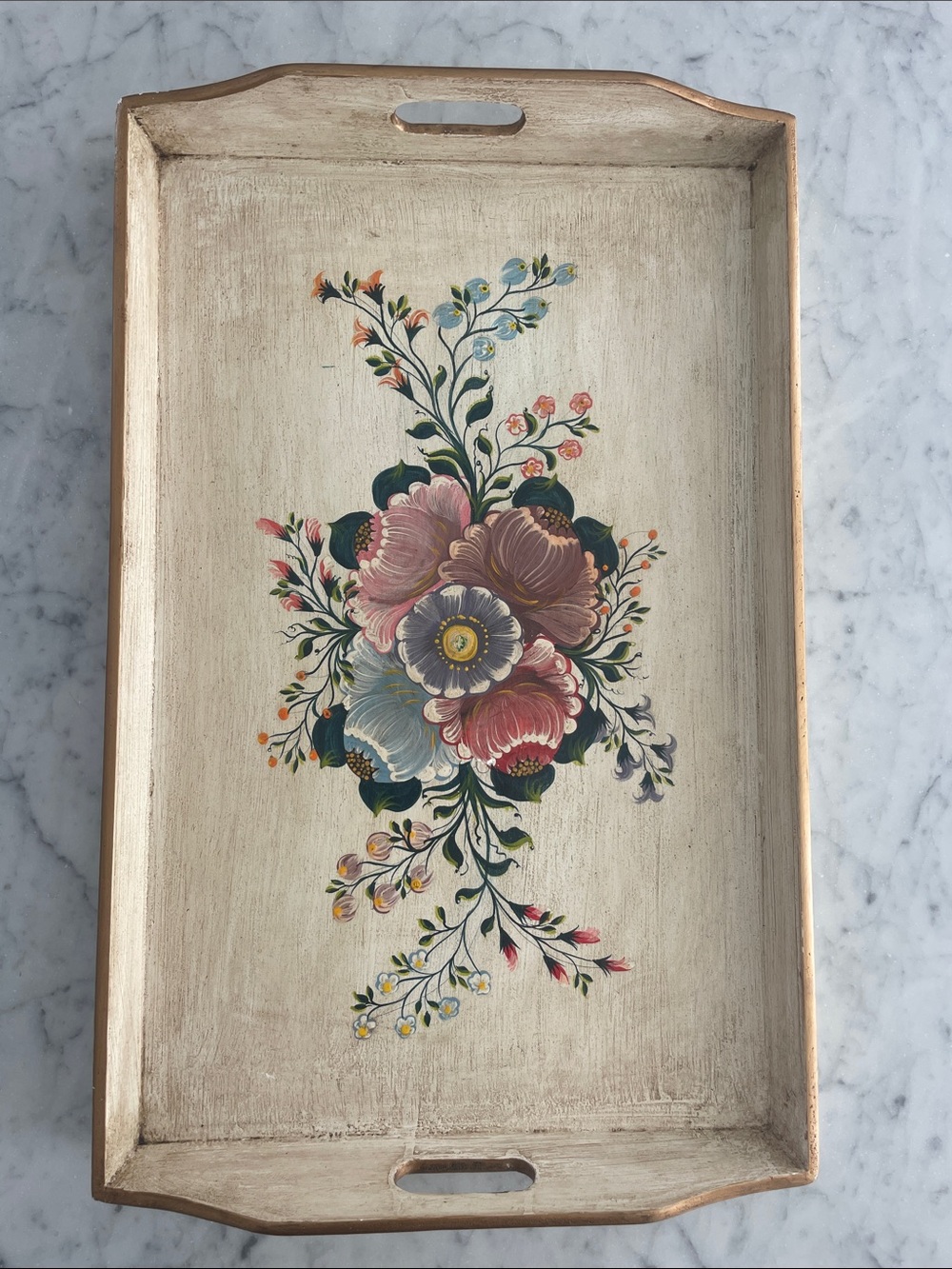 Vintage Hand-Painted Floral Wood Serving Tray in Cream and Multi-Color